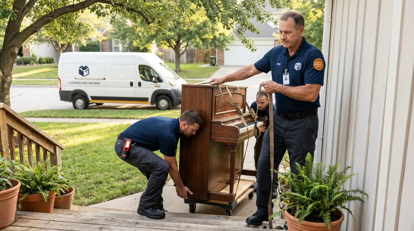Licensed piano movers securing grand piano in Waterville, NY