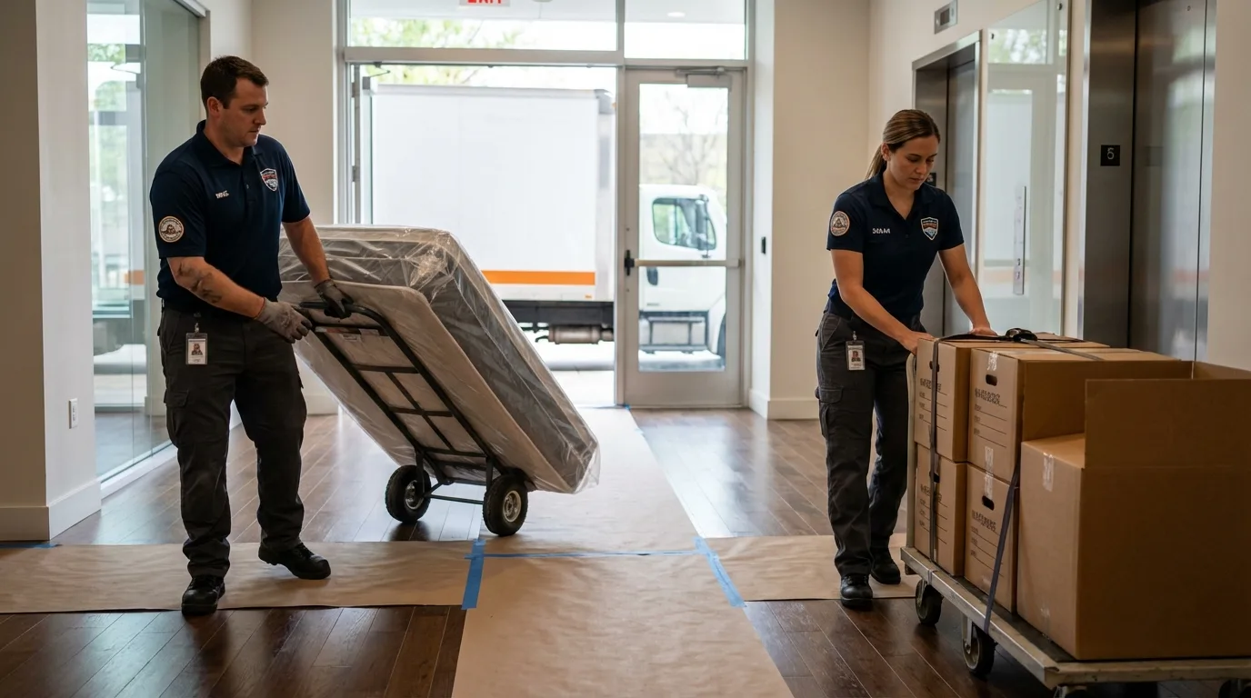 Professional apartment movers loading elevator in Waterville, NY