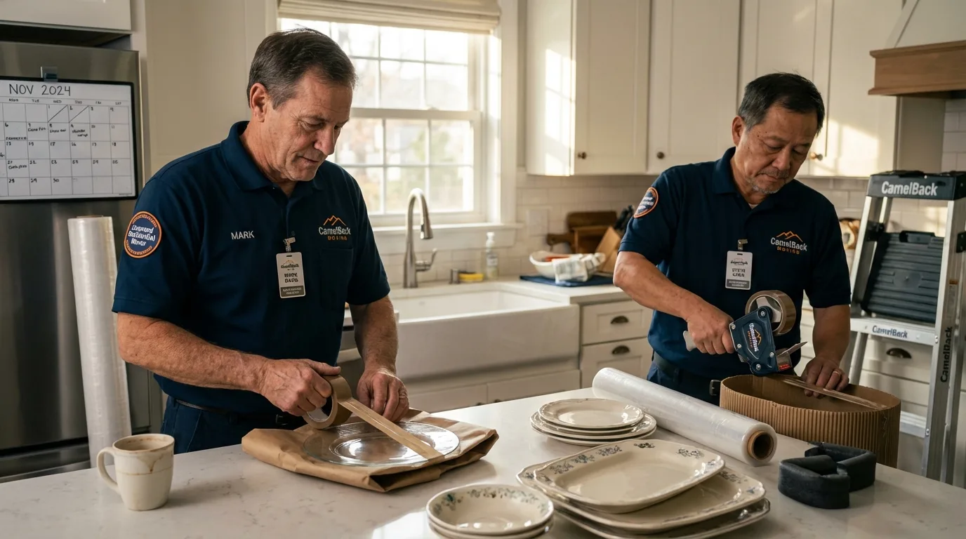 Professional crew packing kitchen dishware in Waterville, NY